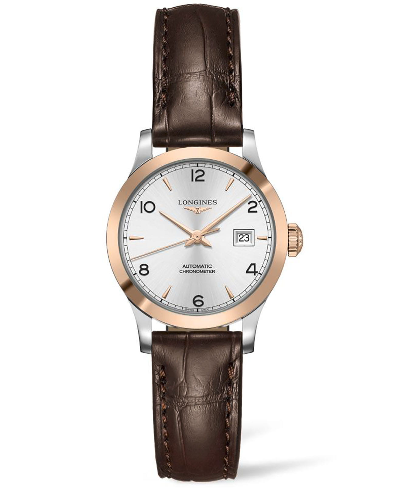 Longines Longines Record Collection L2.321.5.76.2  L23215762 механические женские часы серебристый циферблат, браслет кожаный — вид спереди